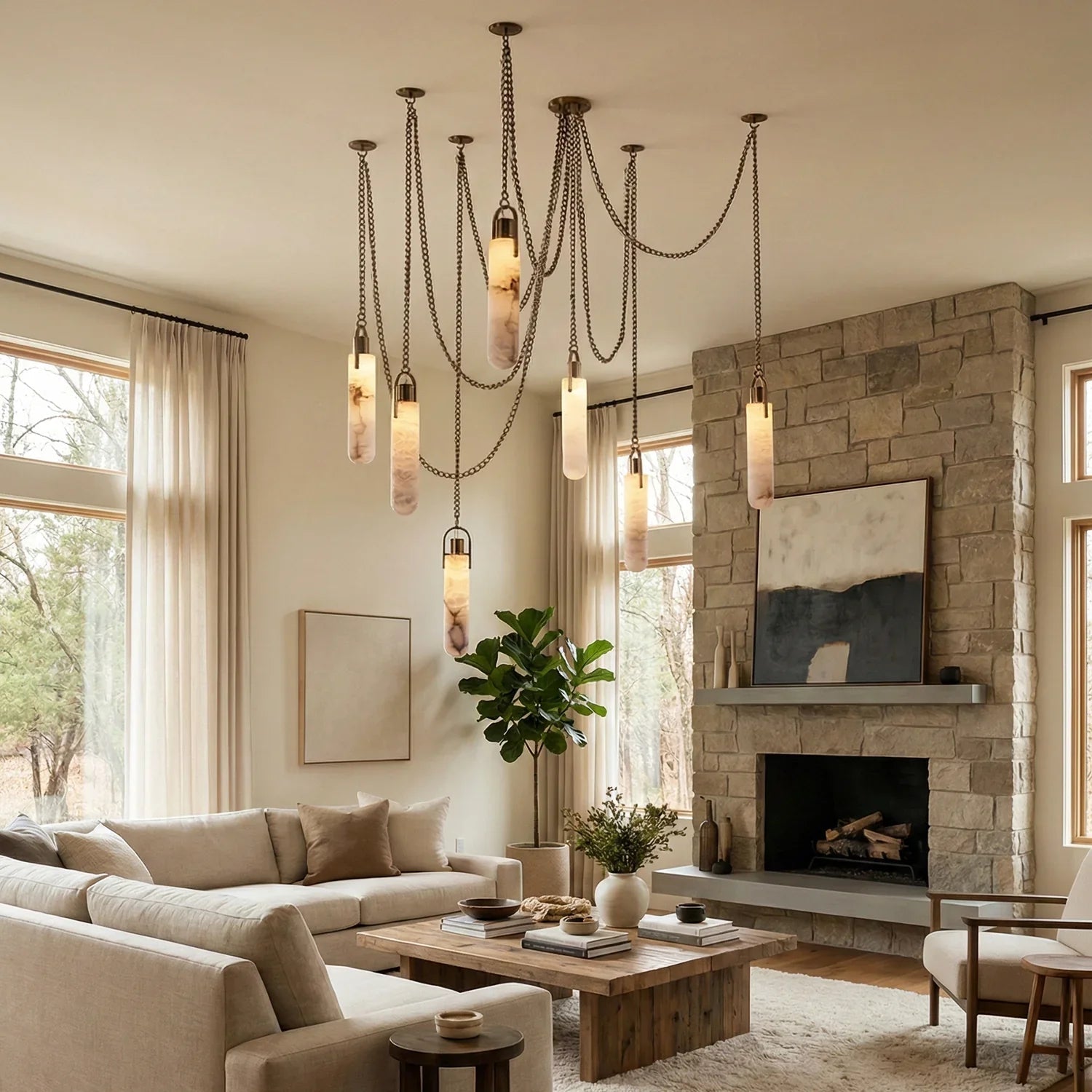 Cylindrical Alabaster Draped Chain Chandelier