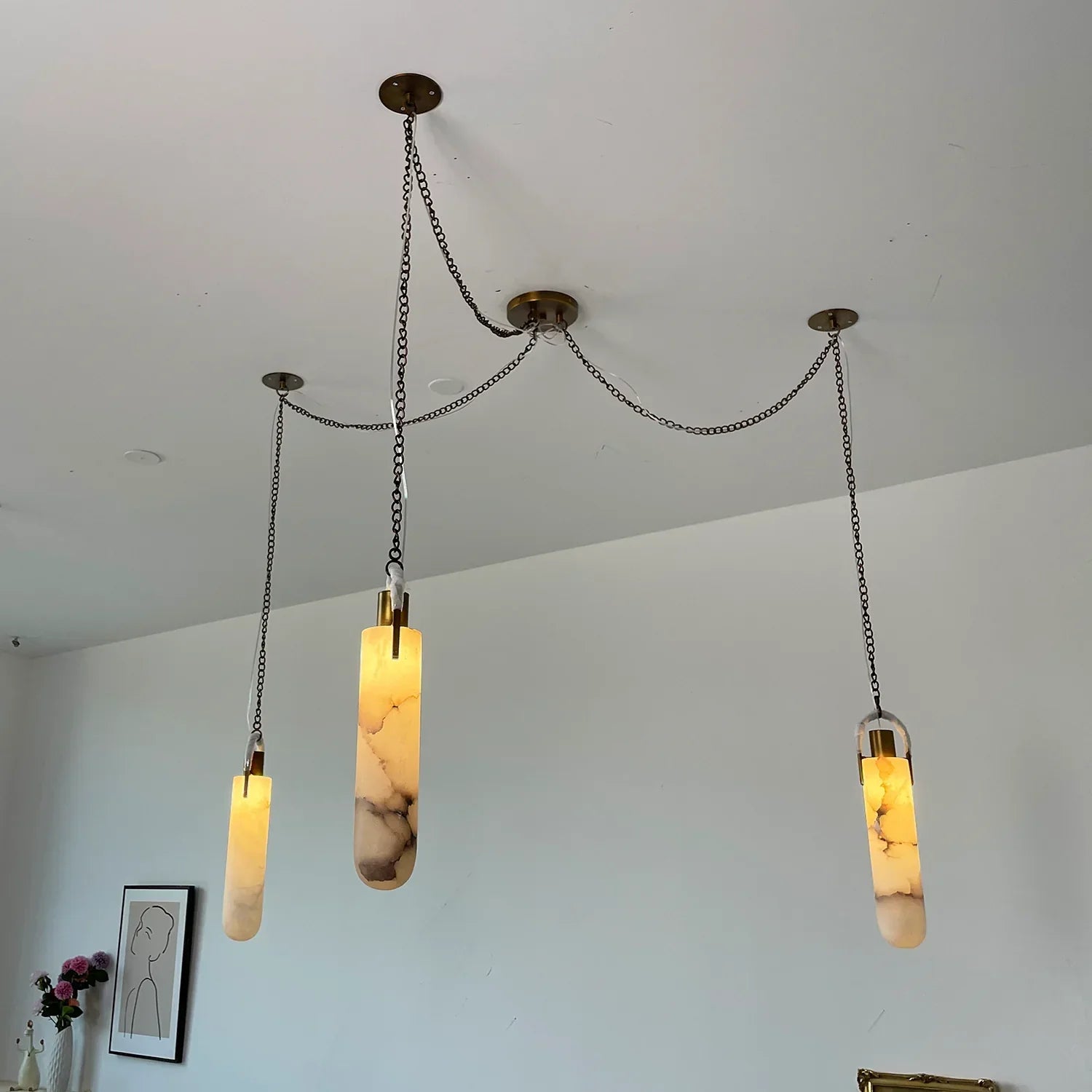 Cylindrical Alabaster Draped Chain Chandelier