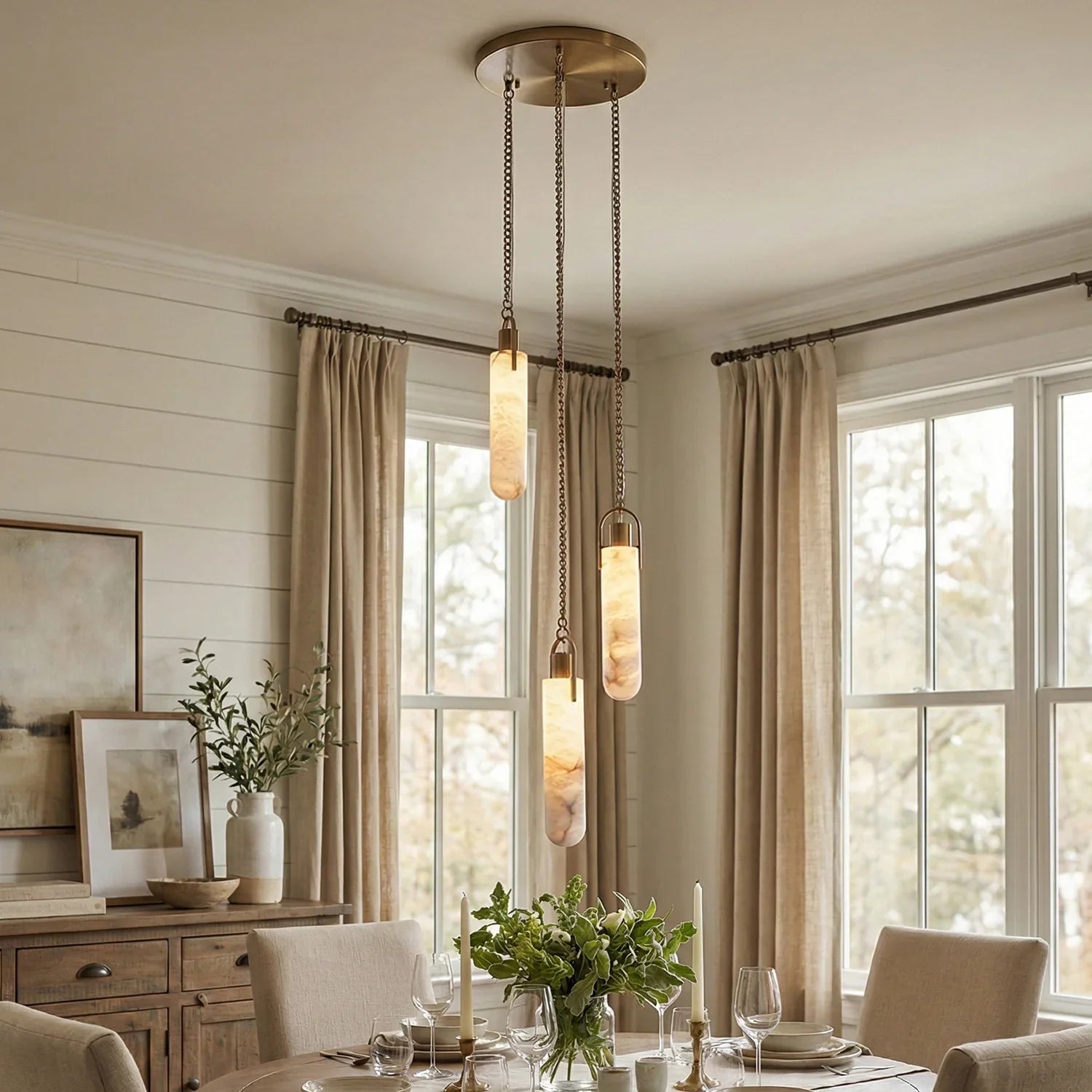 Cylindrical Alabaster Draped Chain Chandelier