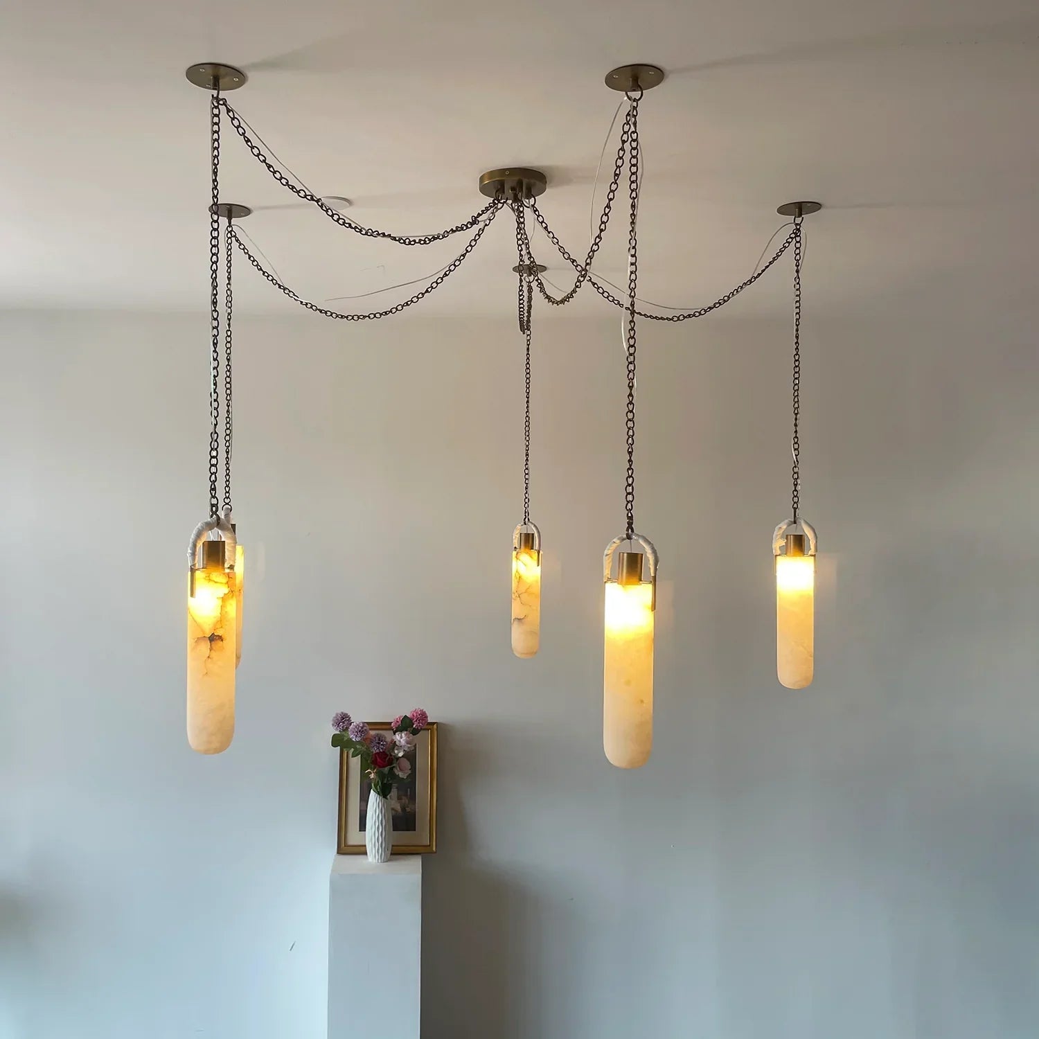 Cylindrical Alabaster Draped Chain Chandelier