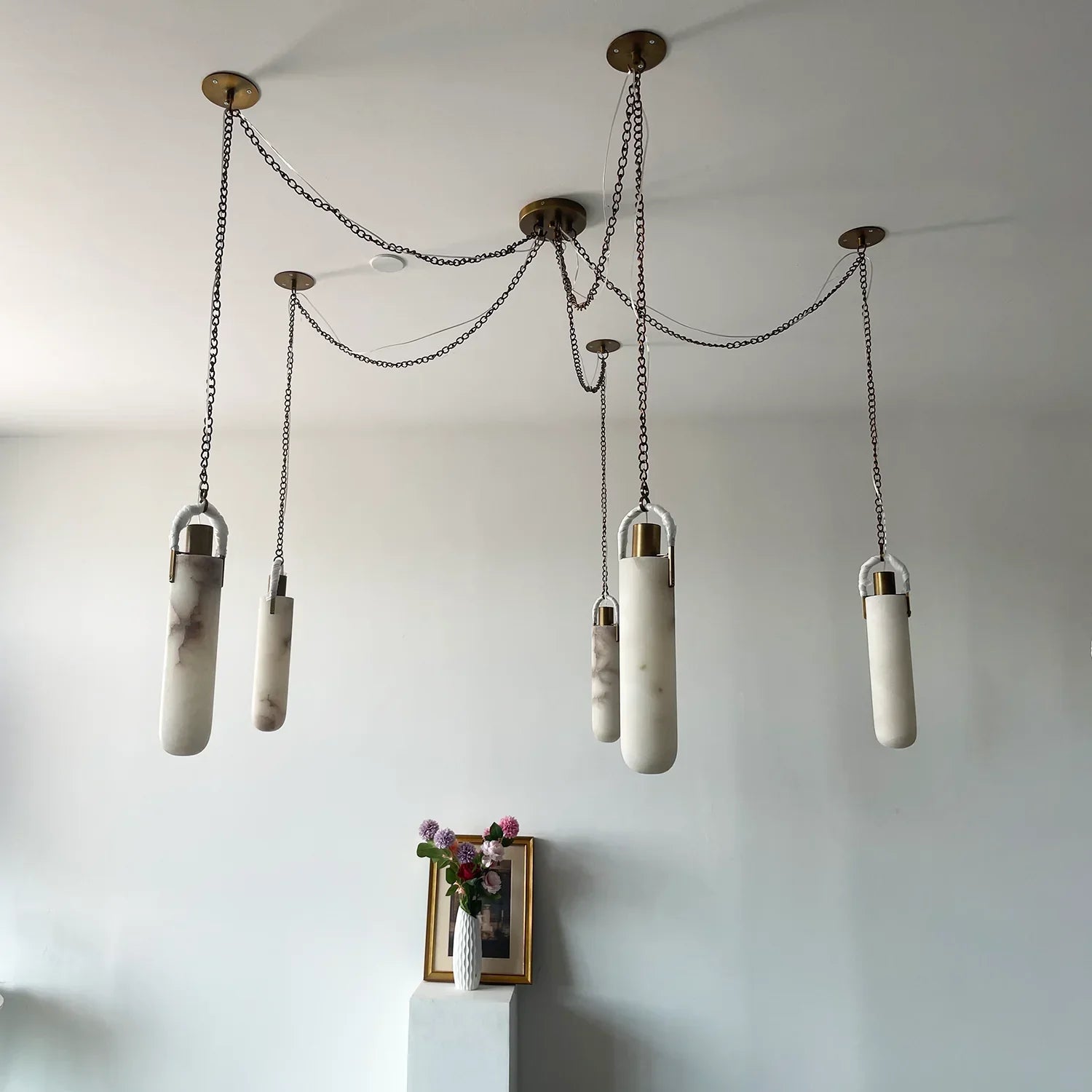 Cylindrical Alabaster Draped Chain Chandelier