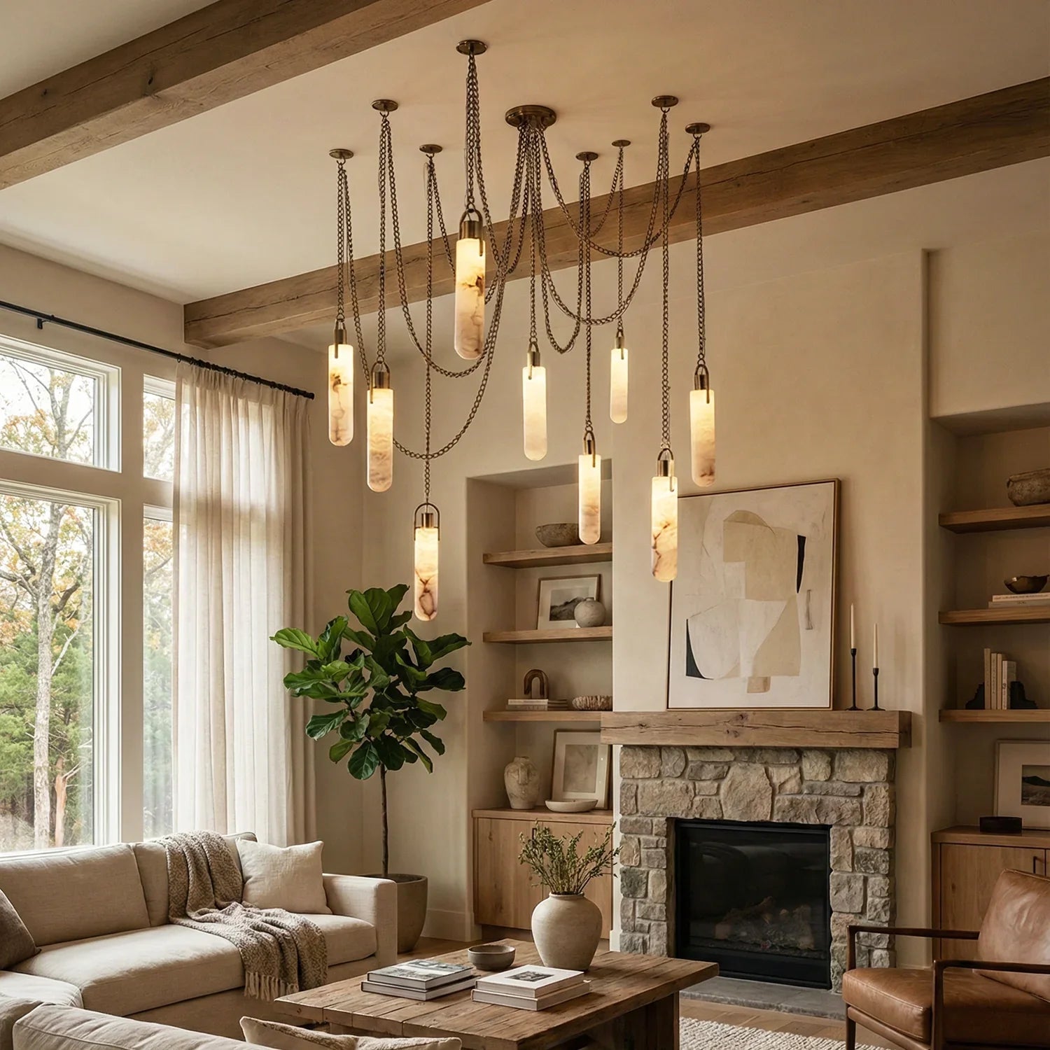 Cylindrical Alabaster Draped Chain Chandelier