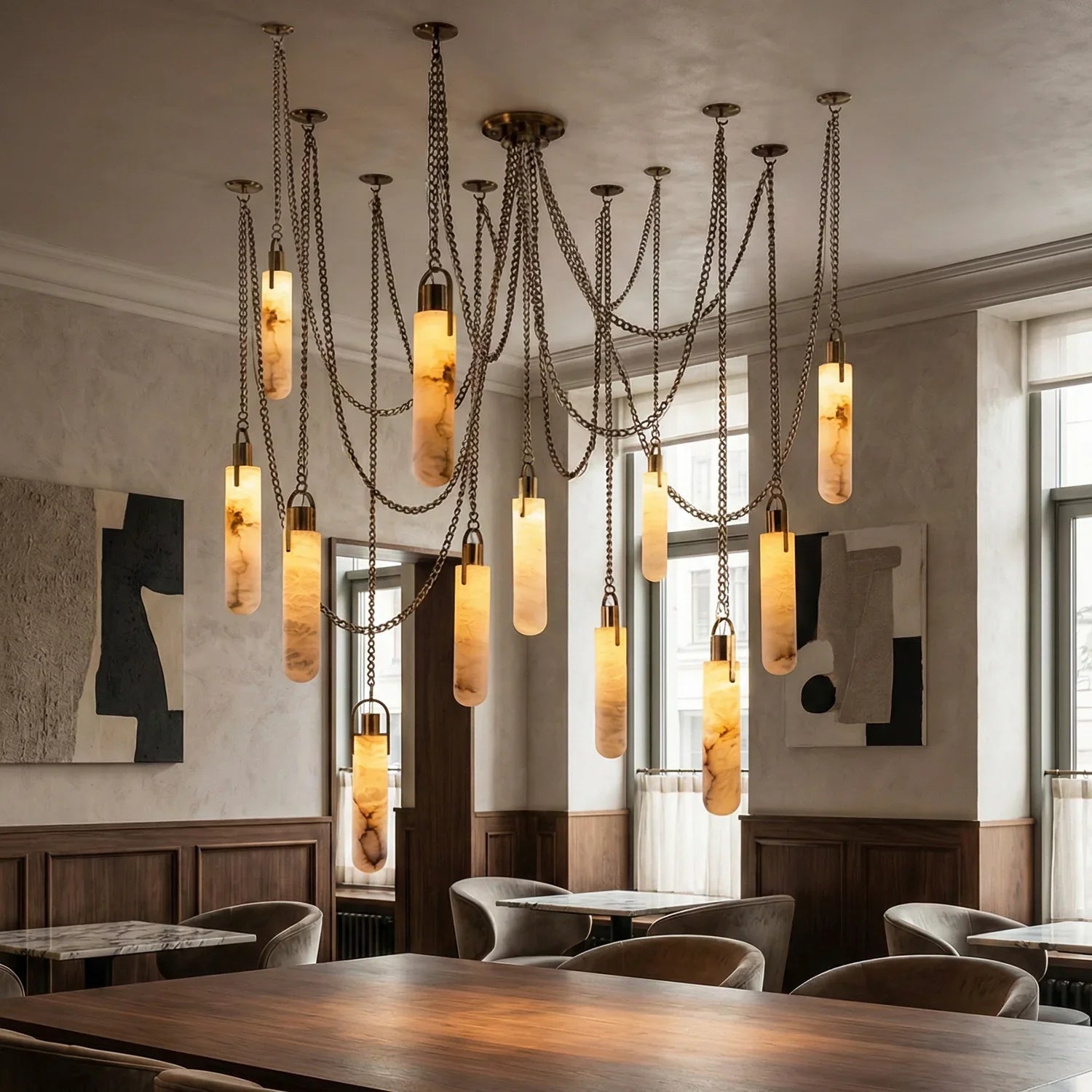 Cylindrical Alabaster Draped Chain Chandelier