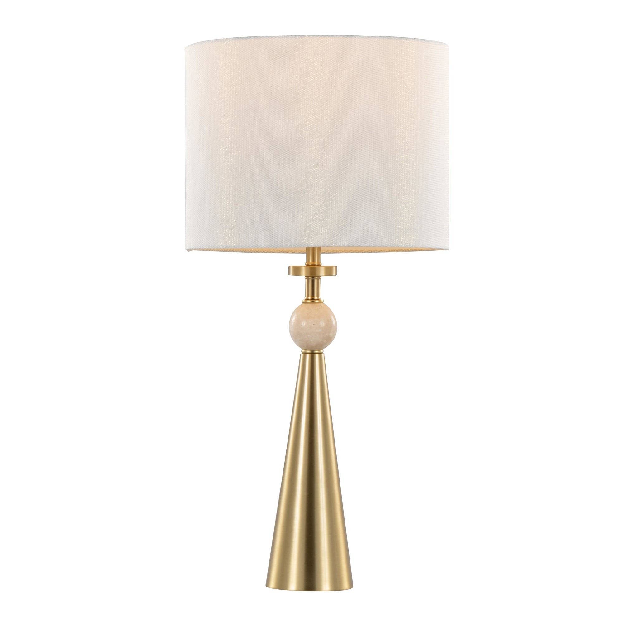 Cone Travertine 27" Table Lamp - In Gold Metal: Gold Metal, Travertine, Tan Leaf Shade