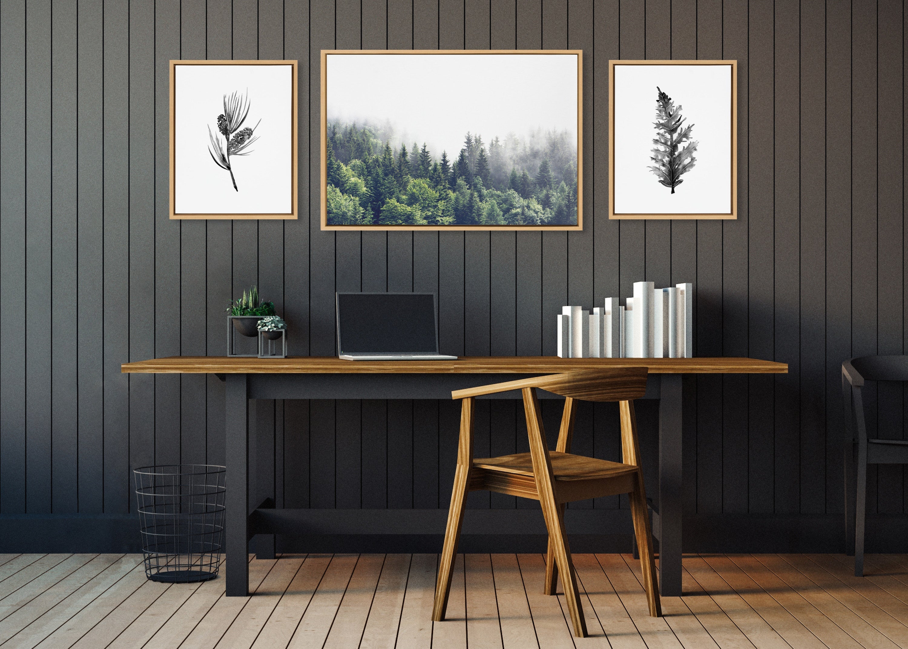 Sylvie Lush Green Forest on a Foggy Day and Vintage Botanical 3 and 4 Black and White Framed Canvas Art Set by Various Artists