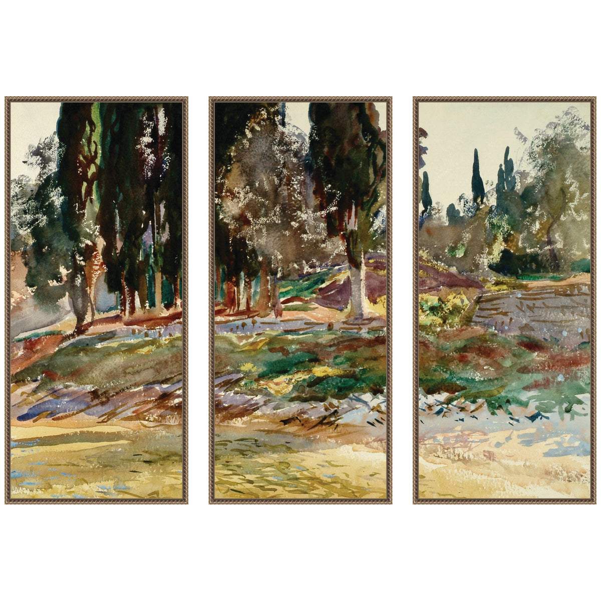 Cypress Trees at San Vigilio Lake Garda John Singer Sargent 3 Piece Framed Canvas Wall Art Set by Nostalgia Prints