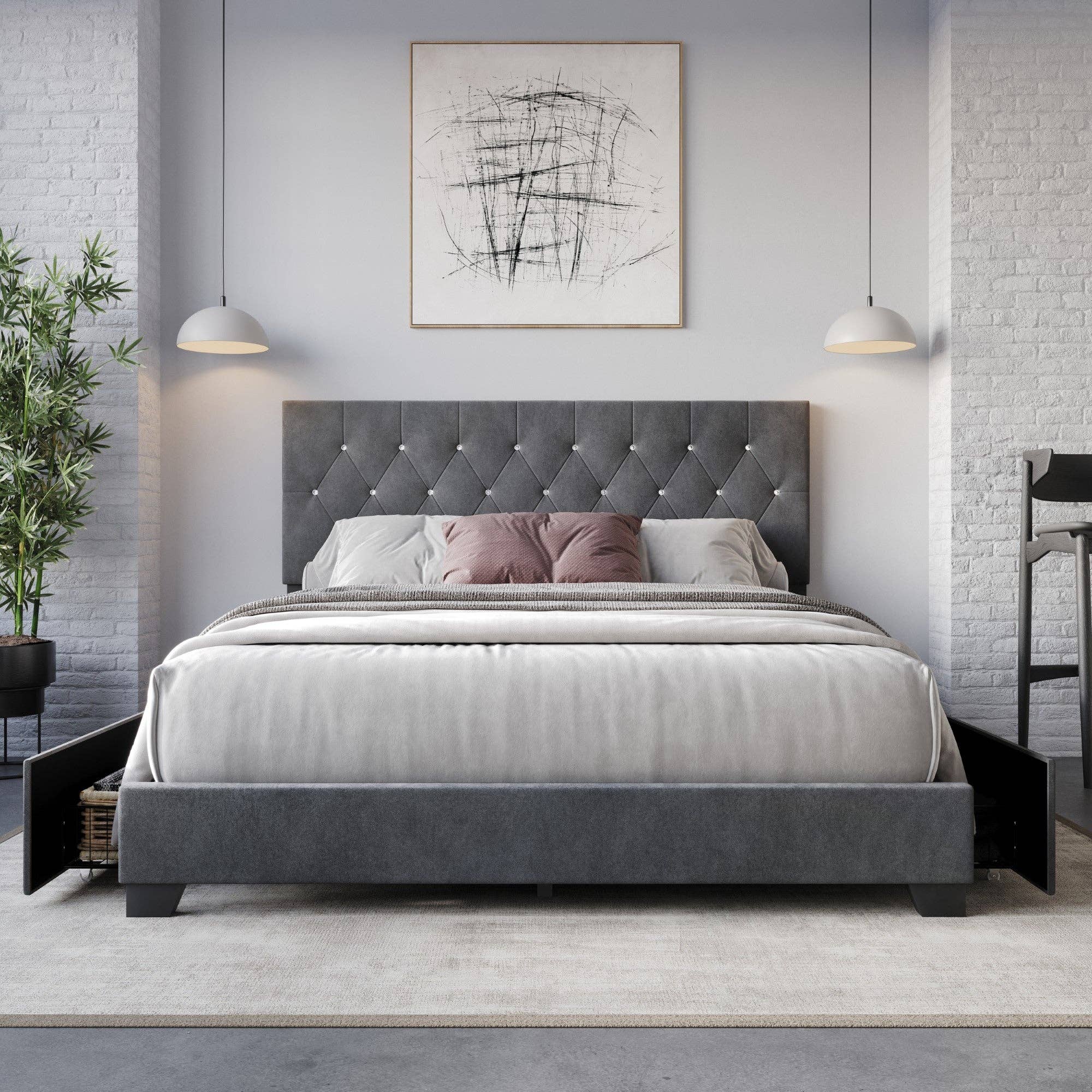 Sheffield Full Tufted Upholstered Storage Platform Bed Frame with Diamond Button-Tufted Headboard and Four Under-Drawers, Dark Gray, Easy Assembly: King / Black
