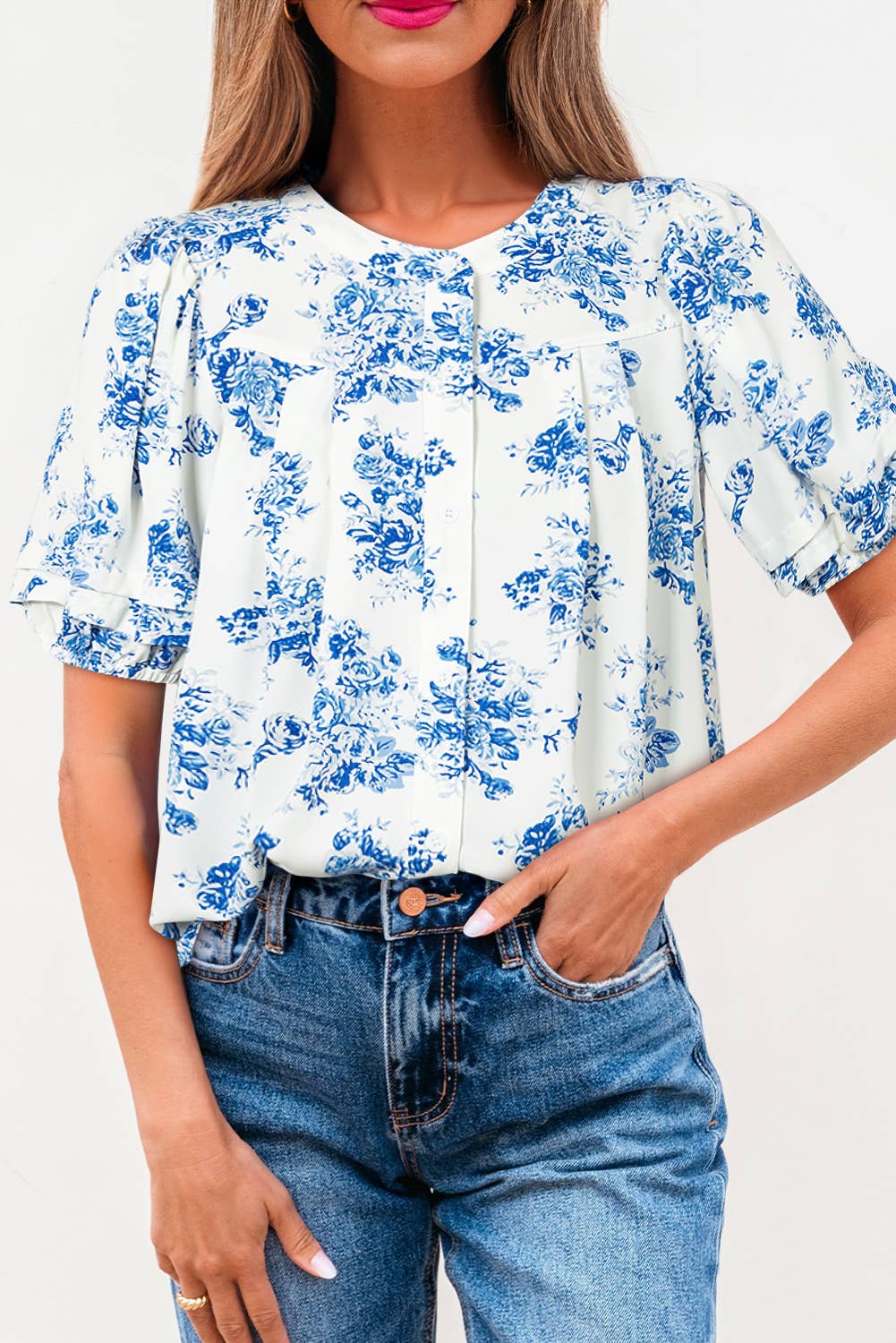 BOHO Floral Pleated Puff Sleeve Button Up Shirt