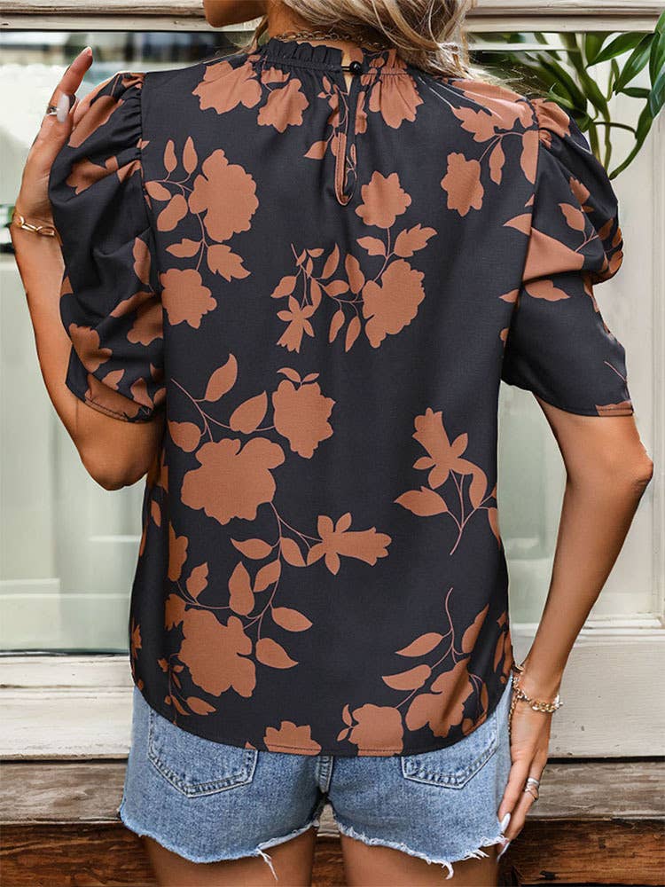 PUFF SLEEVE PRINTED CREW NECK SHIRT TOP: Black / (XL)