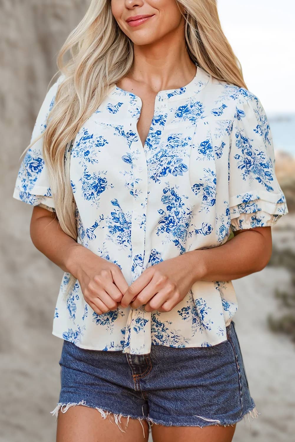 BOHO Floral Pleated Puff Sleeve Button Up Shirt