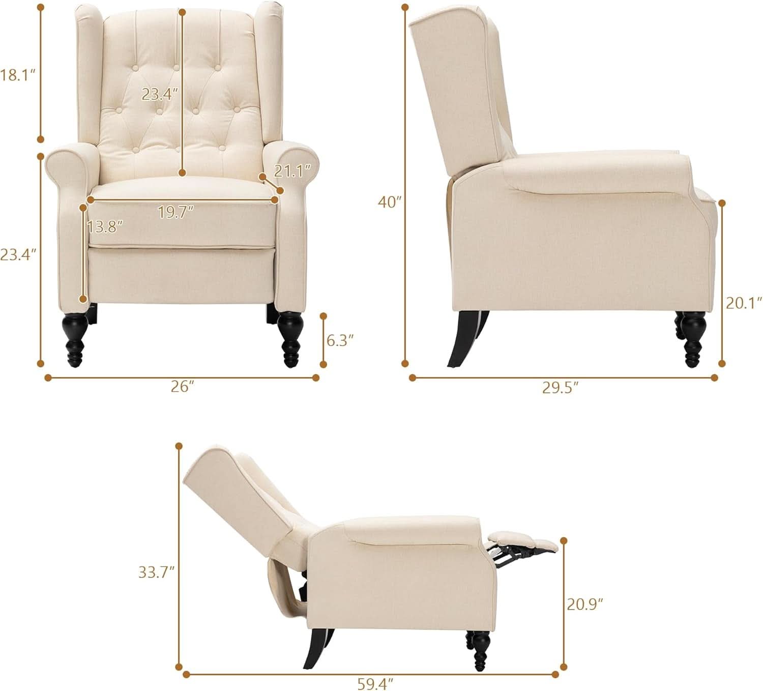 Beige Mid Century Wingback Recliner Chair With Upholstered Fabric