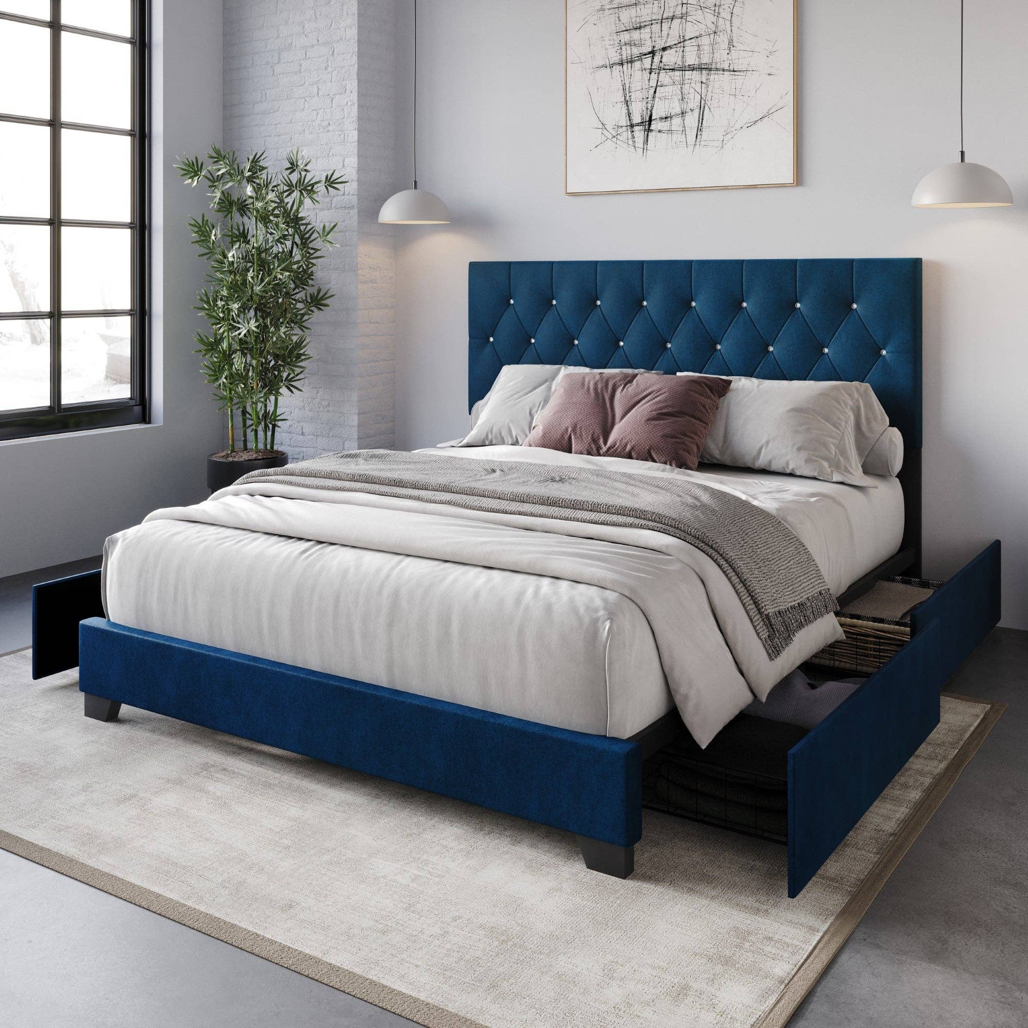 Sheffield Full Tufted Upholstered Storage Platform Bed Frame with Diamond Button-Tufted Headboard and Four Under-Drawers, Dark Gray, Easy Assembly: King / Black