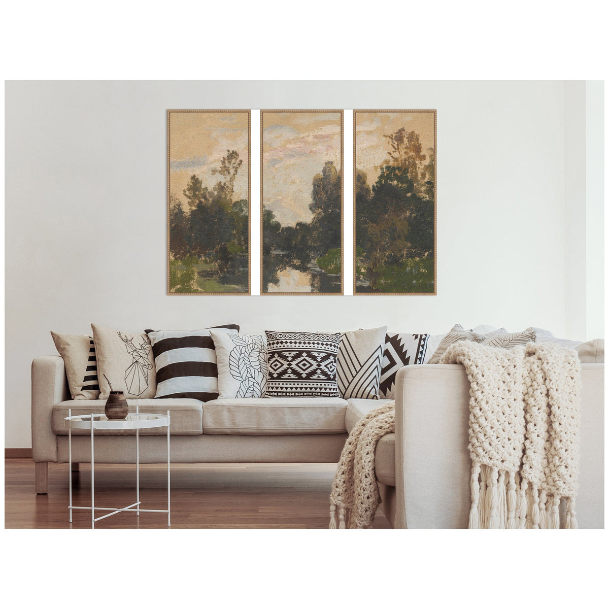 Landscape by the River Barycz Adolf Dressier 3 Piece Framed Canvas Wall Art Set by Nostalgia Prints