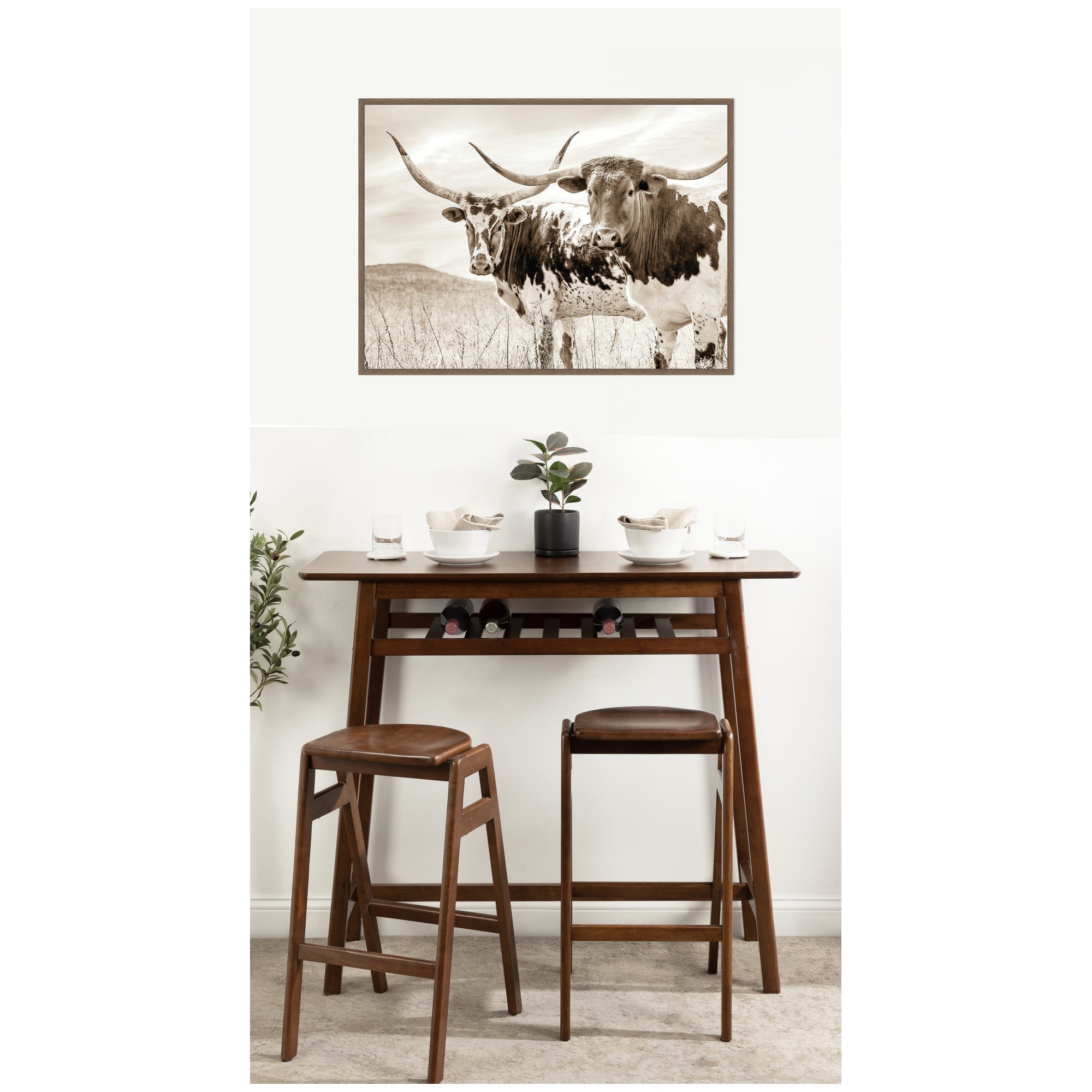 Sepia Texas Longhorn Cattle in Pasture by The Creative Bunch Studio Framed Canvas Wall Art Print