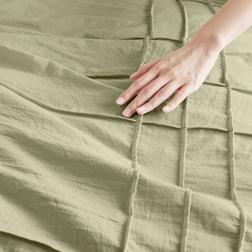 Grid Pattern Soft Washed Pleated Duvet Cover Set, Sage: King