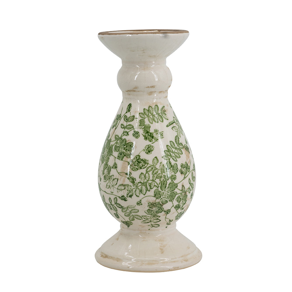 White Ceramic Candle Holder with Green Floral Patterns - 10" Height