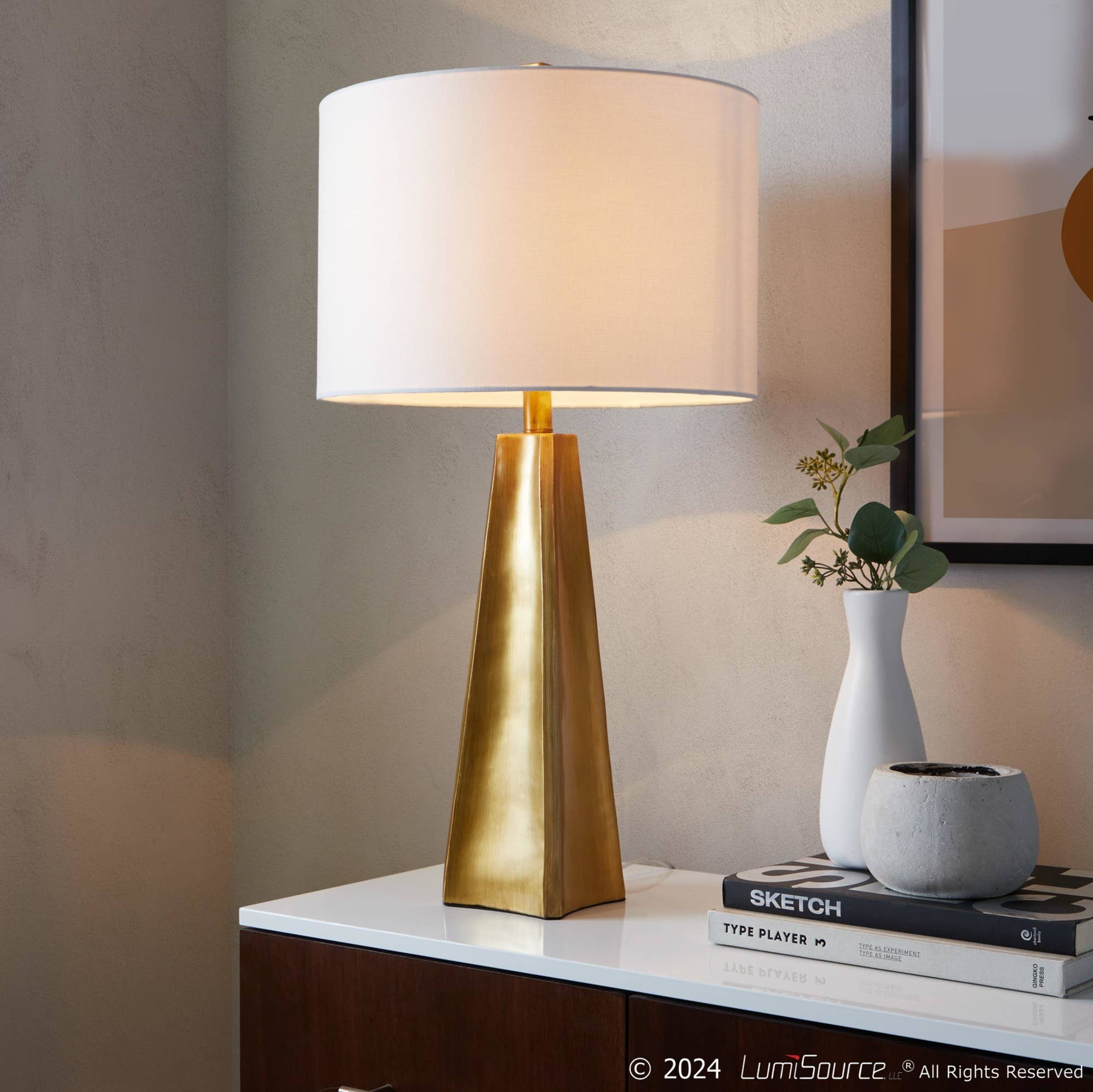 Pompeii 29" Polyresin Table Lamp: Gold Poyresin, White Linen