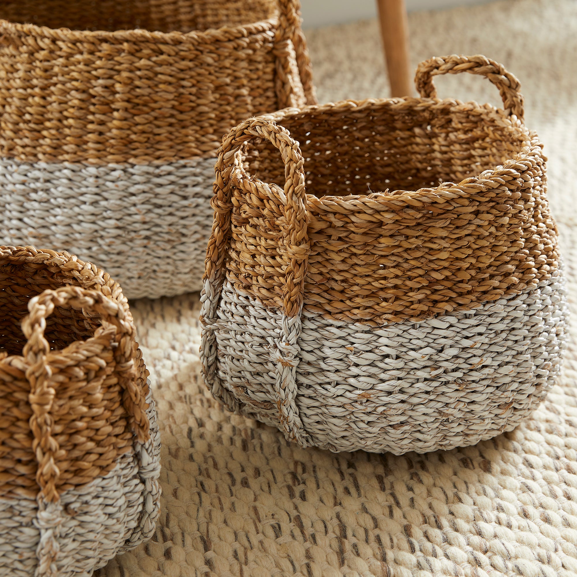 SEAGRASS ROUND BASKETS WITH HANDLES, SET OF 3