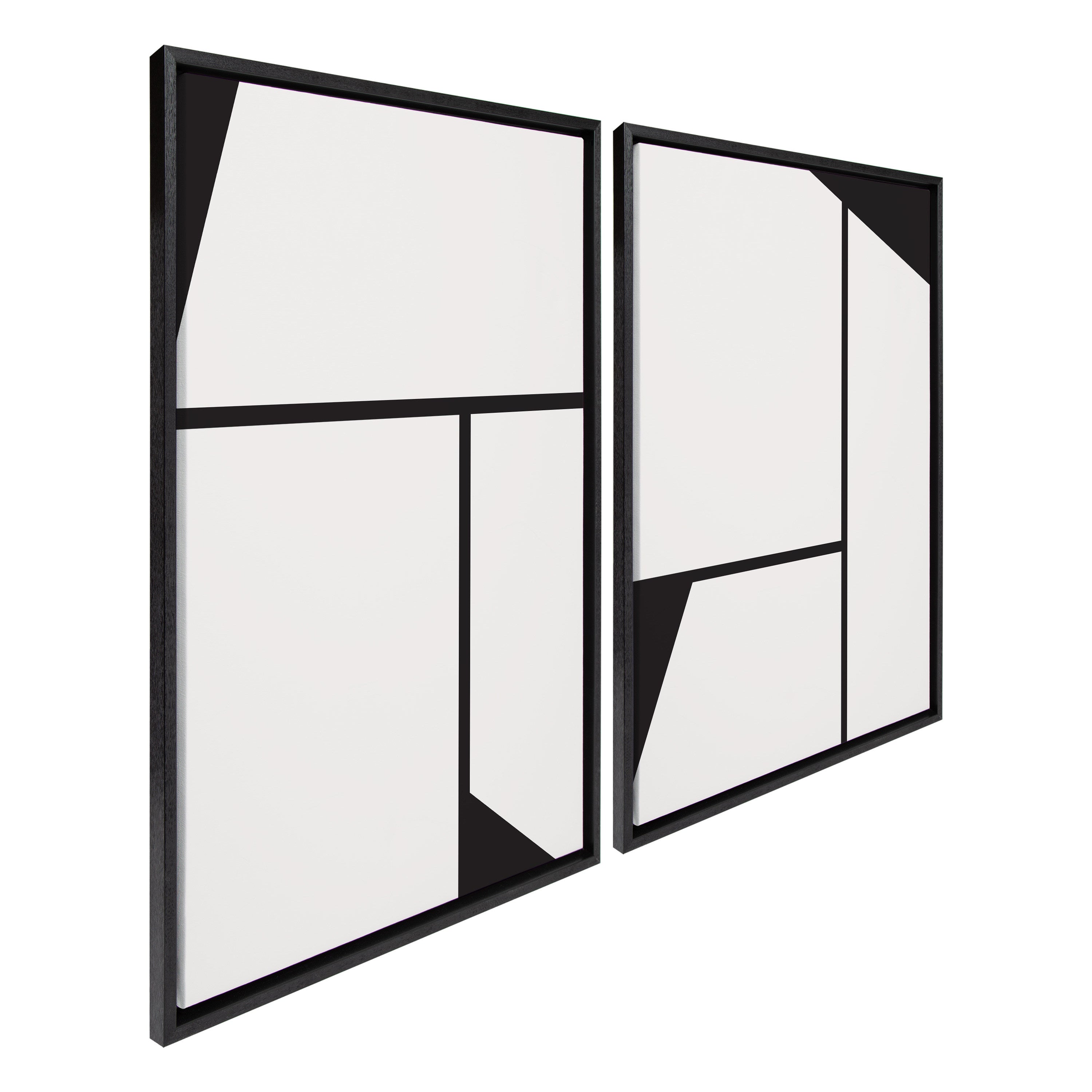 Sylvie Sleek Luxe Minimalist Black and White Abstract Framed Canvas Art Set by The Creative Bunch Studio
