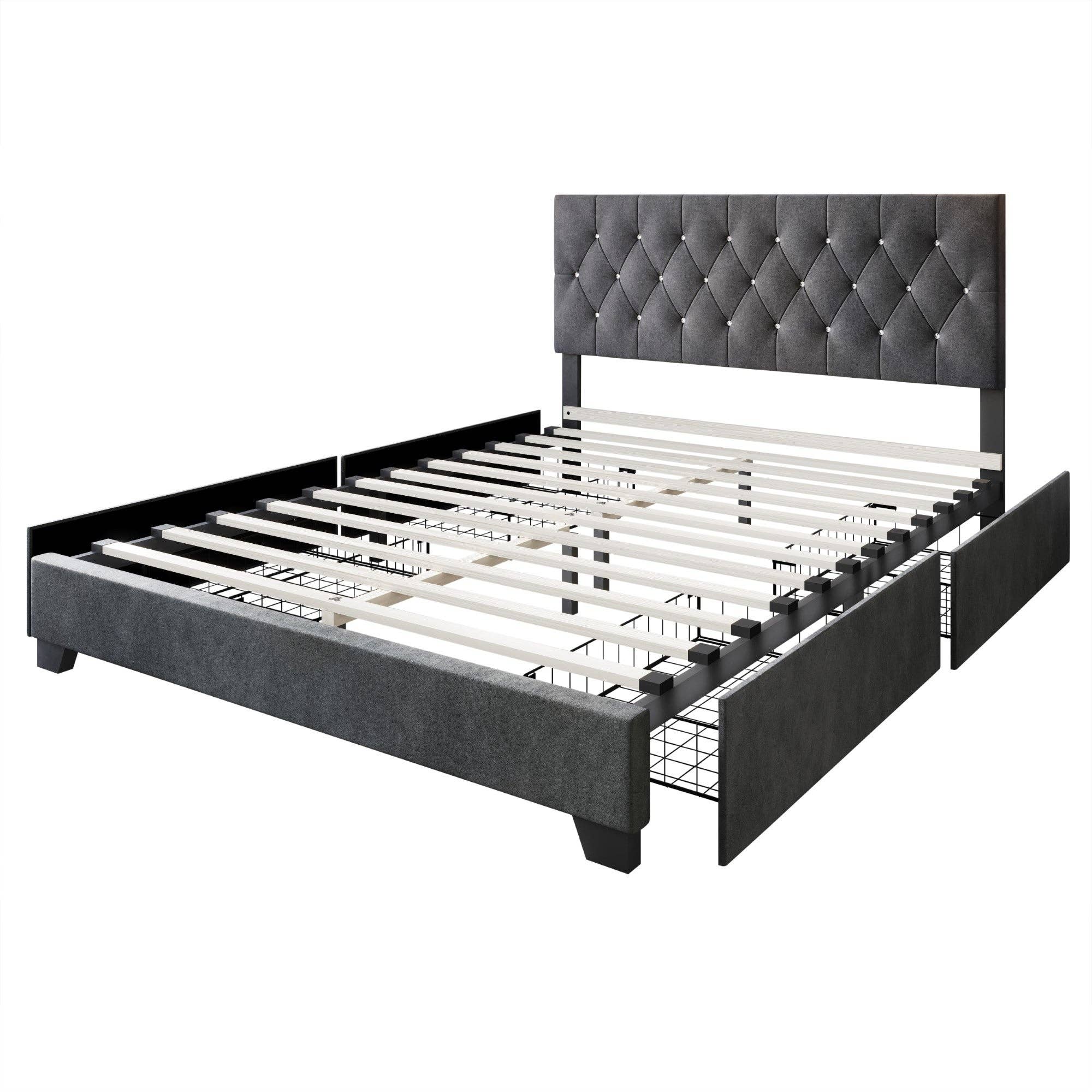 Sheffield Full Tufted Upholstered Storage Platform Bed Frame with Diamond Button-Tufted Headboard and Four Under-Drawers, Dark Gray, Easy Assembly: King / Black