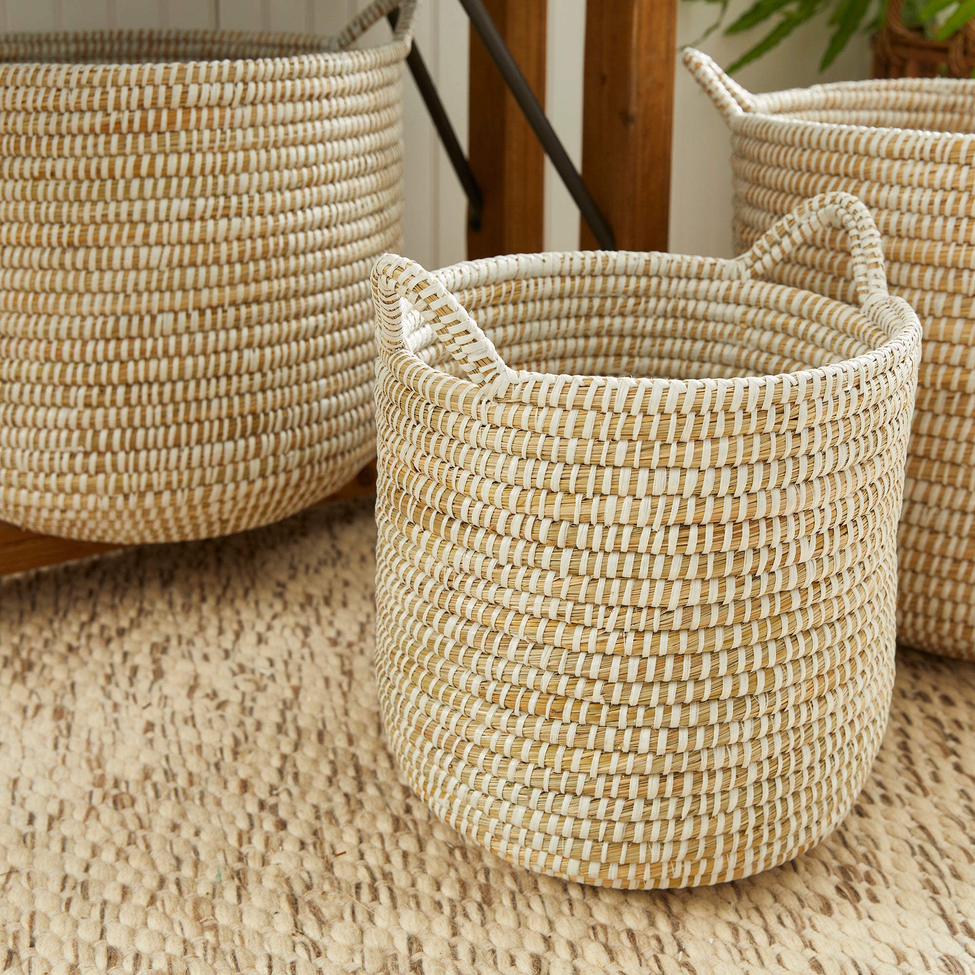 RIVERGRASS ROUND BASKETS WITH HANDLES, SET OF 3