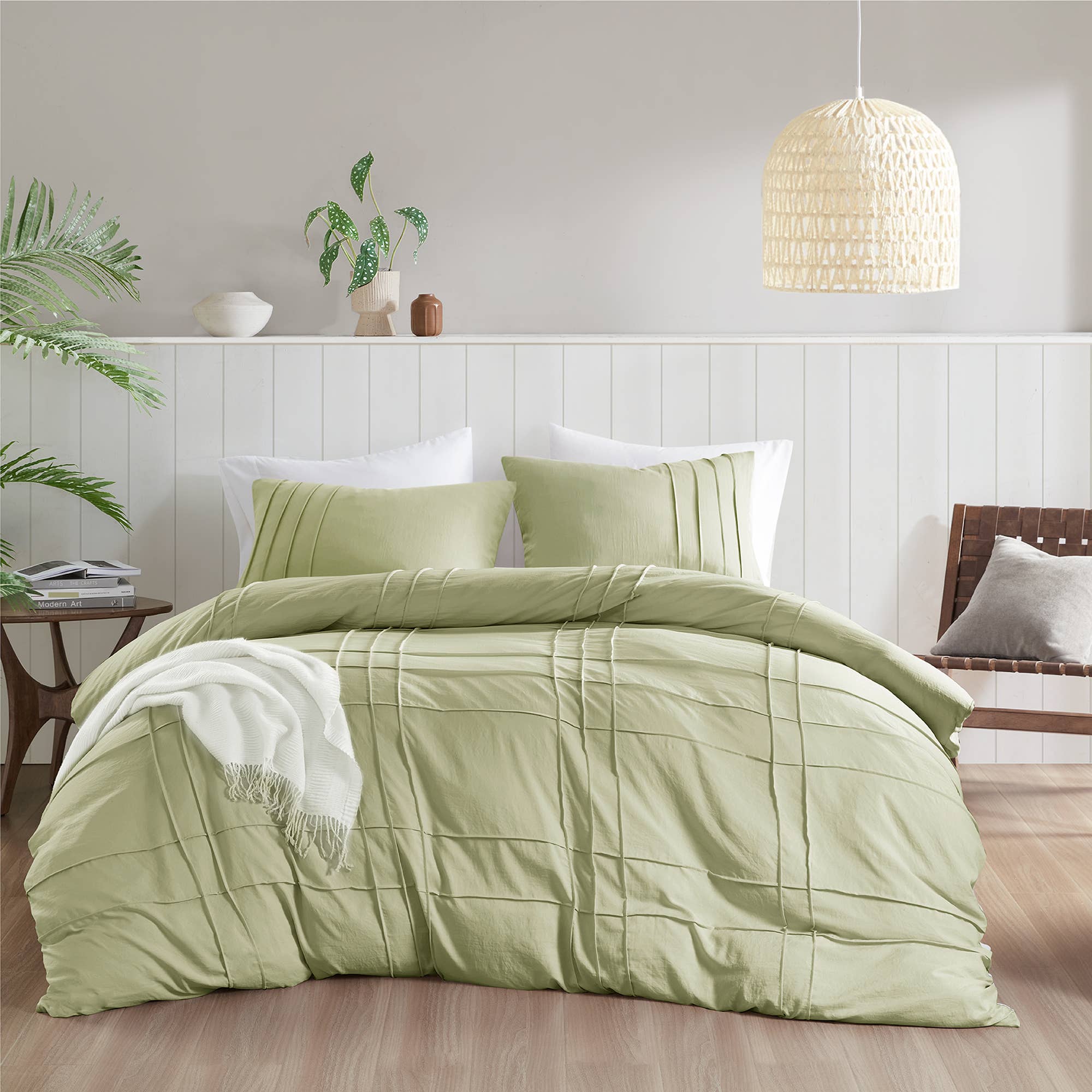 Grid Pattern Soft Washed Pleated Duvet Cover Set, Sage: King