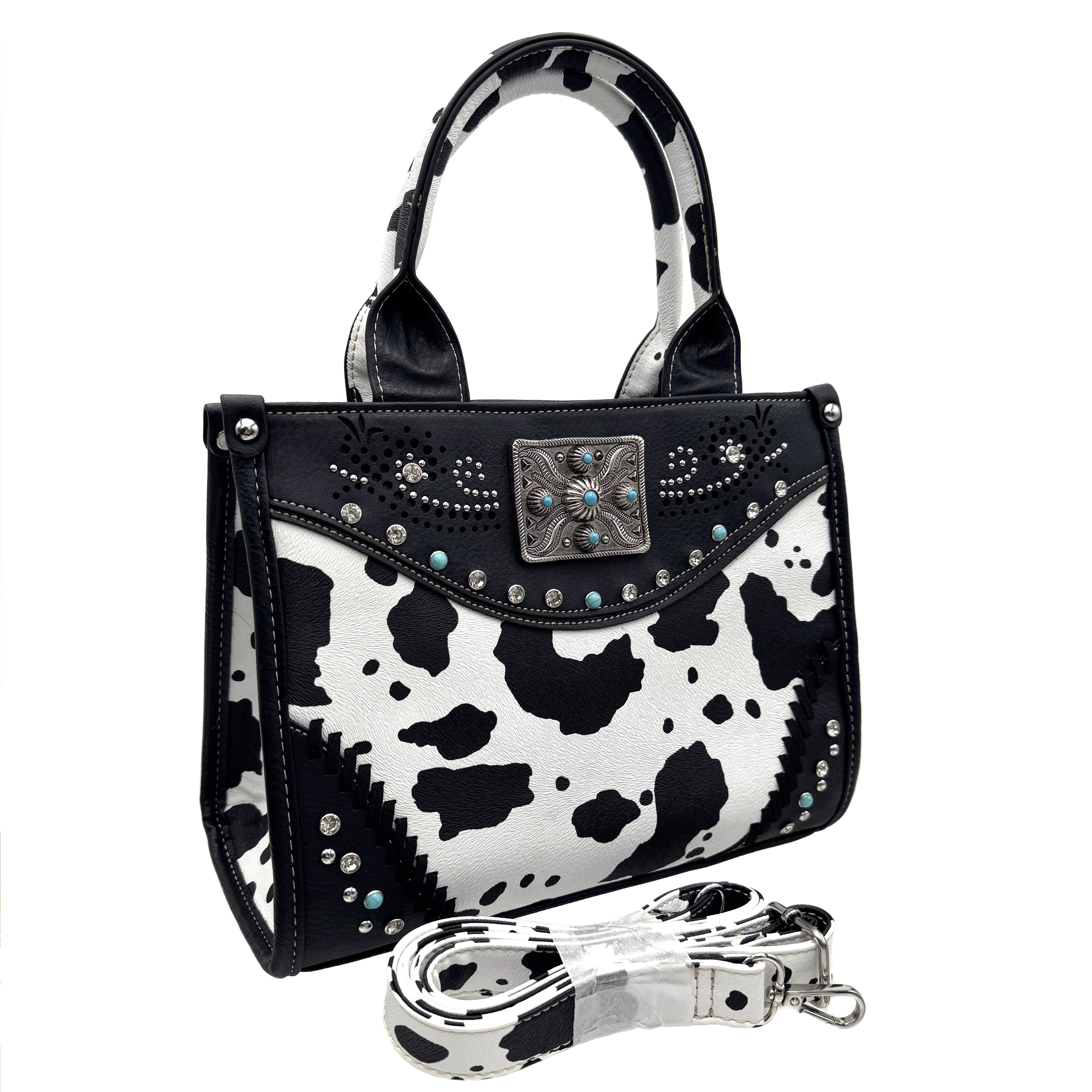 Rectangle Concho Cow Print Western Weekend Bag Crossbody: Black