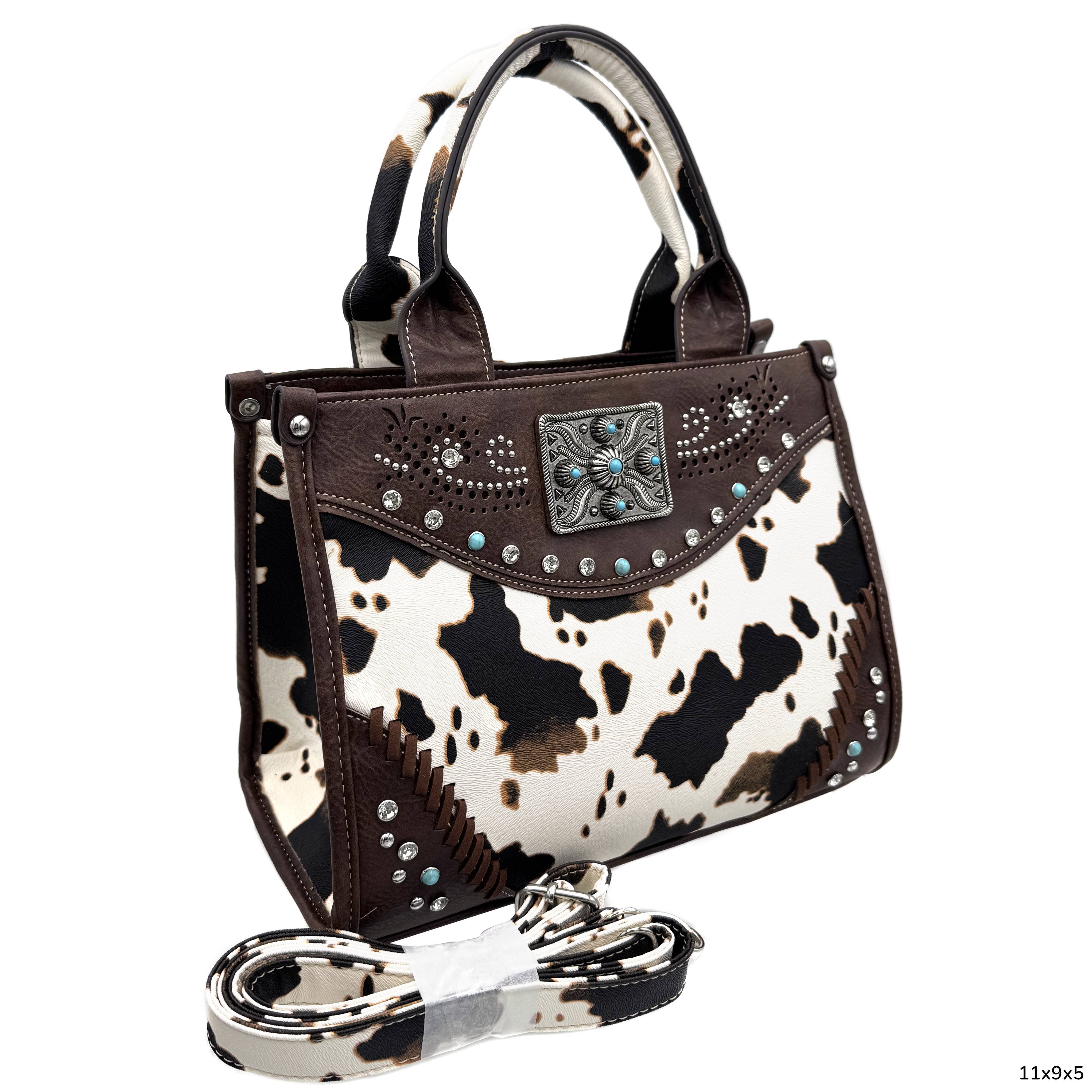 Rectangle Concho Cow Print Western Weekend Bag Crossbody: Black