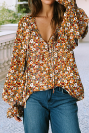 LDC Boho Floral Ruffled Bubble Sleeve V Neck Fall Blouse