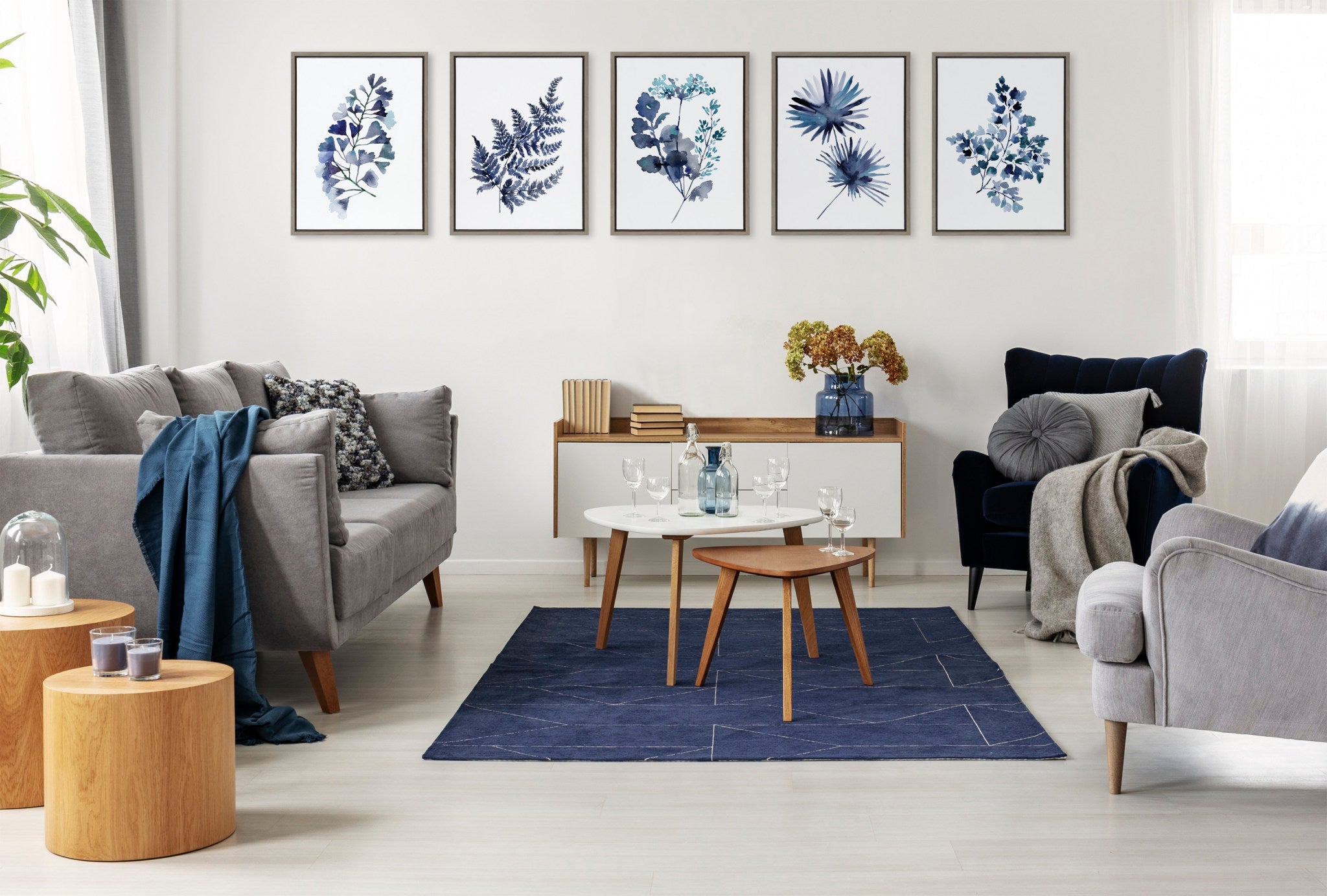 Sylvie Botanical Split Fern Indigo and Botanical Maiden Indigo Framed Canvas by Sara Berrenson