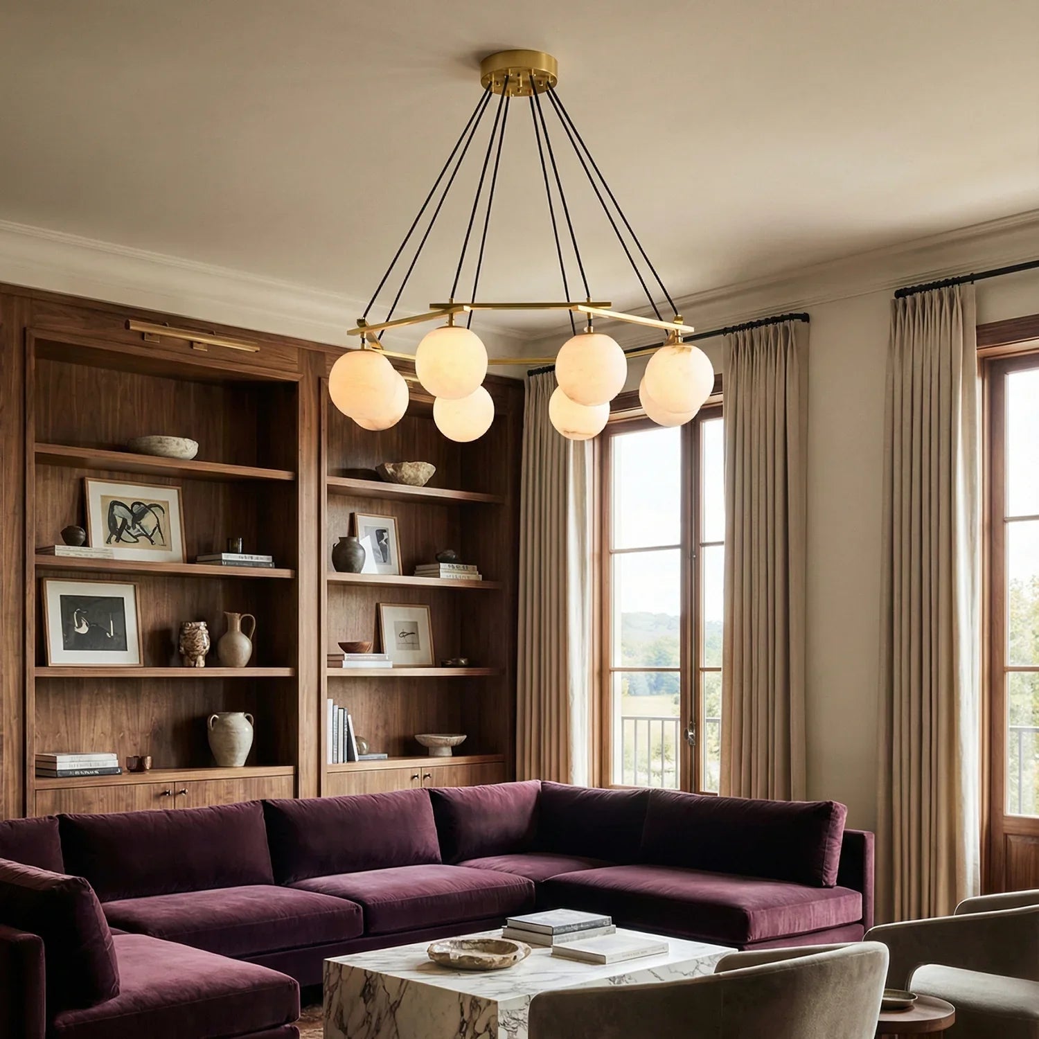 Modern Geometric Alabaster Sphere Chandelier