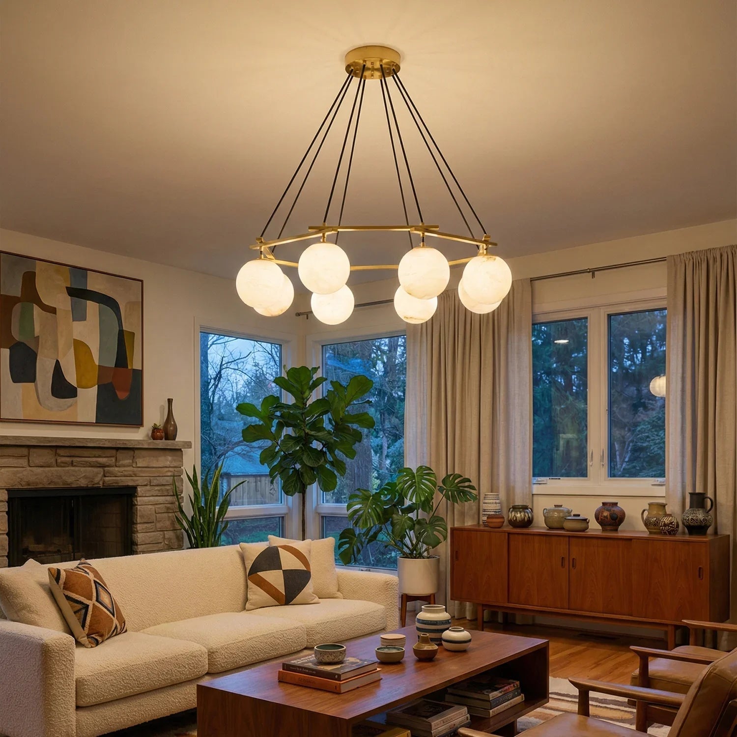 Modern Geometric Alabaster Sphere Chandelier