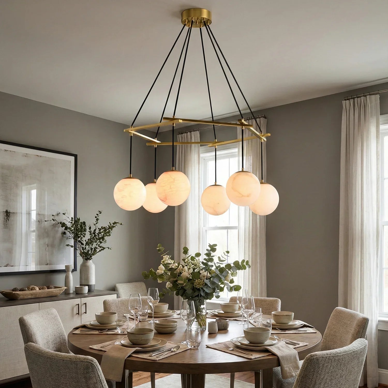 Modern Geometric Alabaster Sphere Chandelier