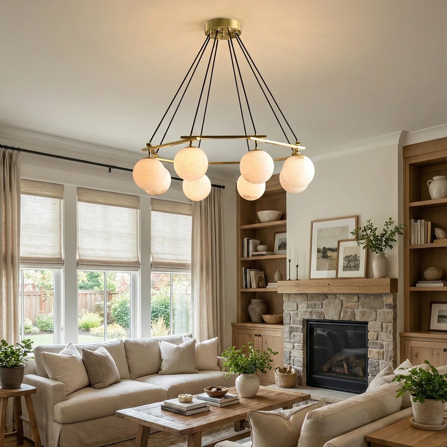 Modern Geometric Alabaster Sphere Chandelier