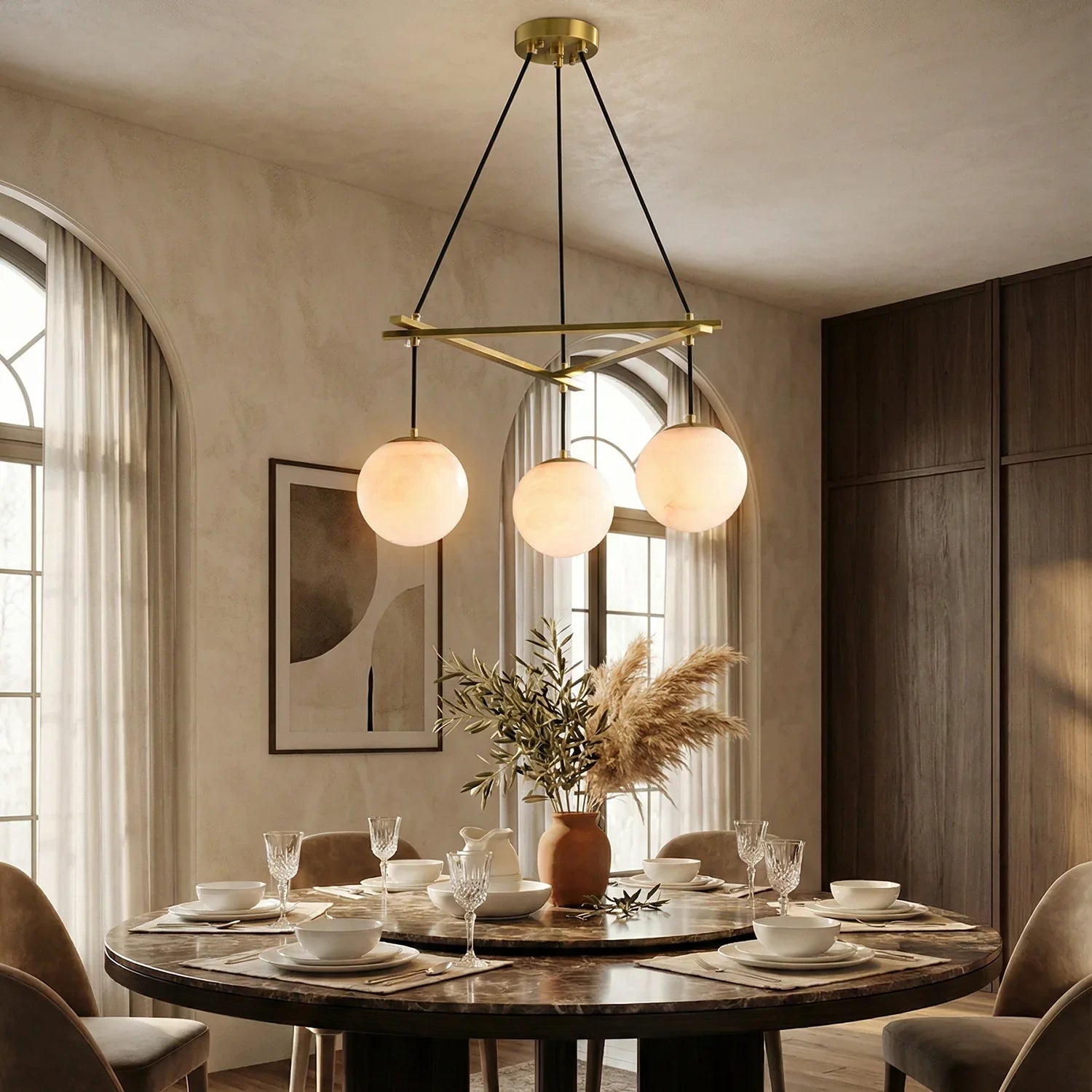 Modern Geometric Alabaster Sphere Chandelier