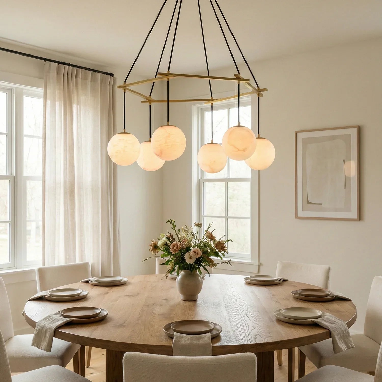 Modern Geometric Alabaster Sphere Chandelier