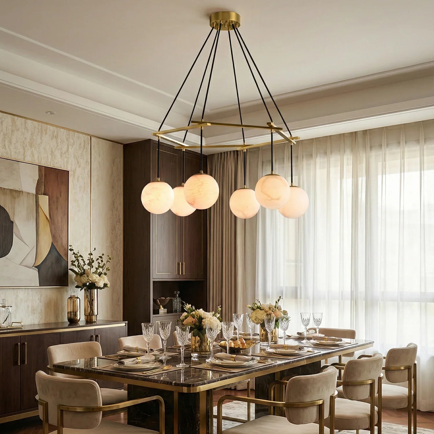 Modern Geometric Alabaster Sphere Chandelier