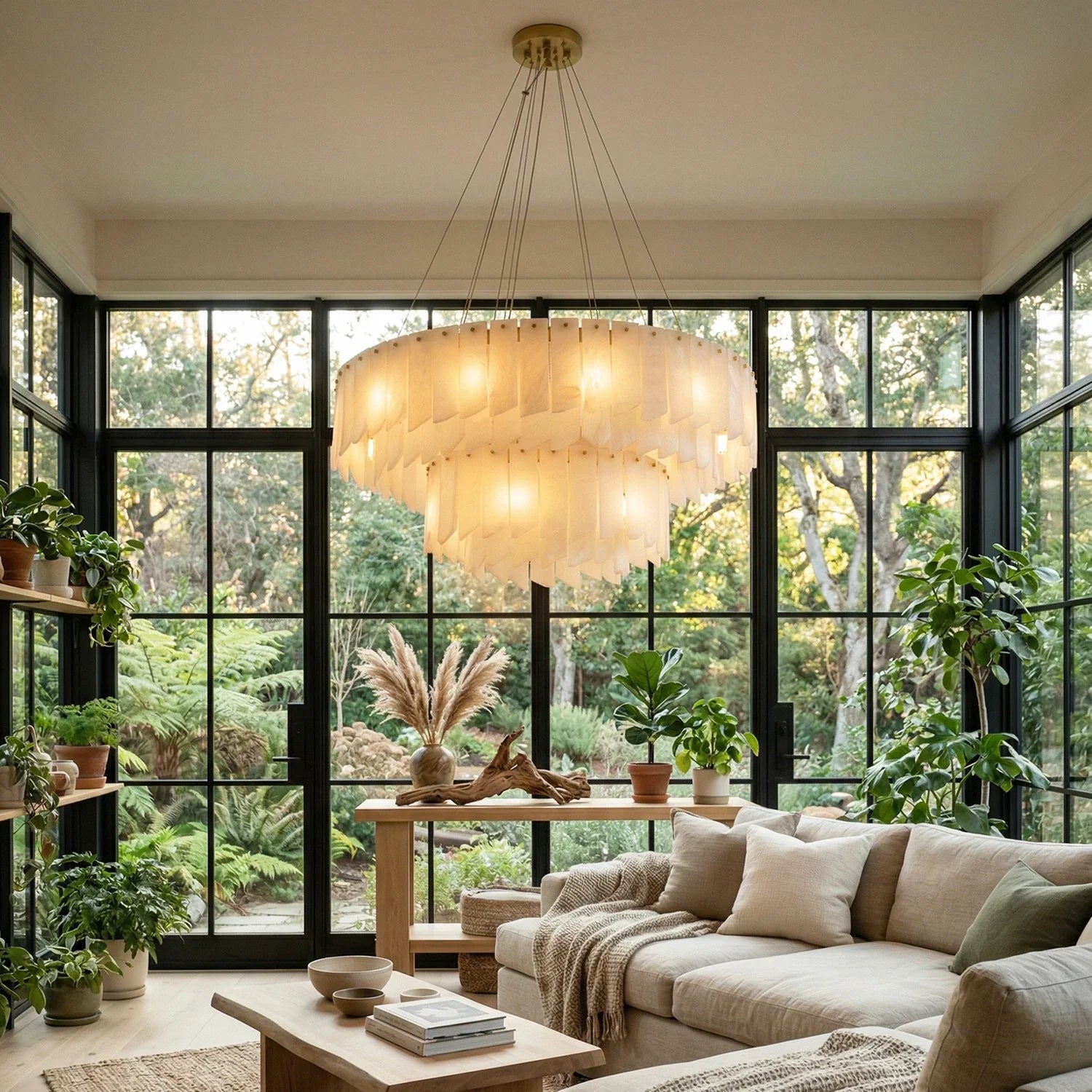 Cascade Alabaster Tiered Brass Chandelier