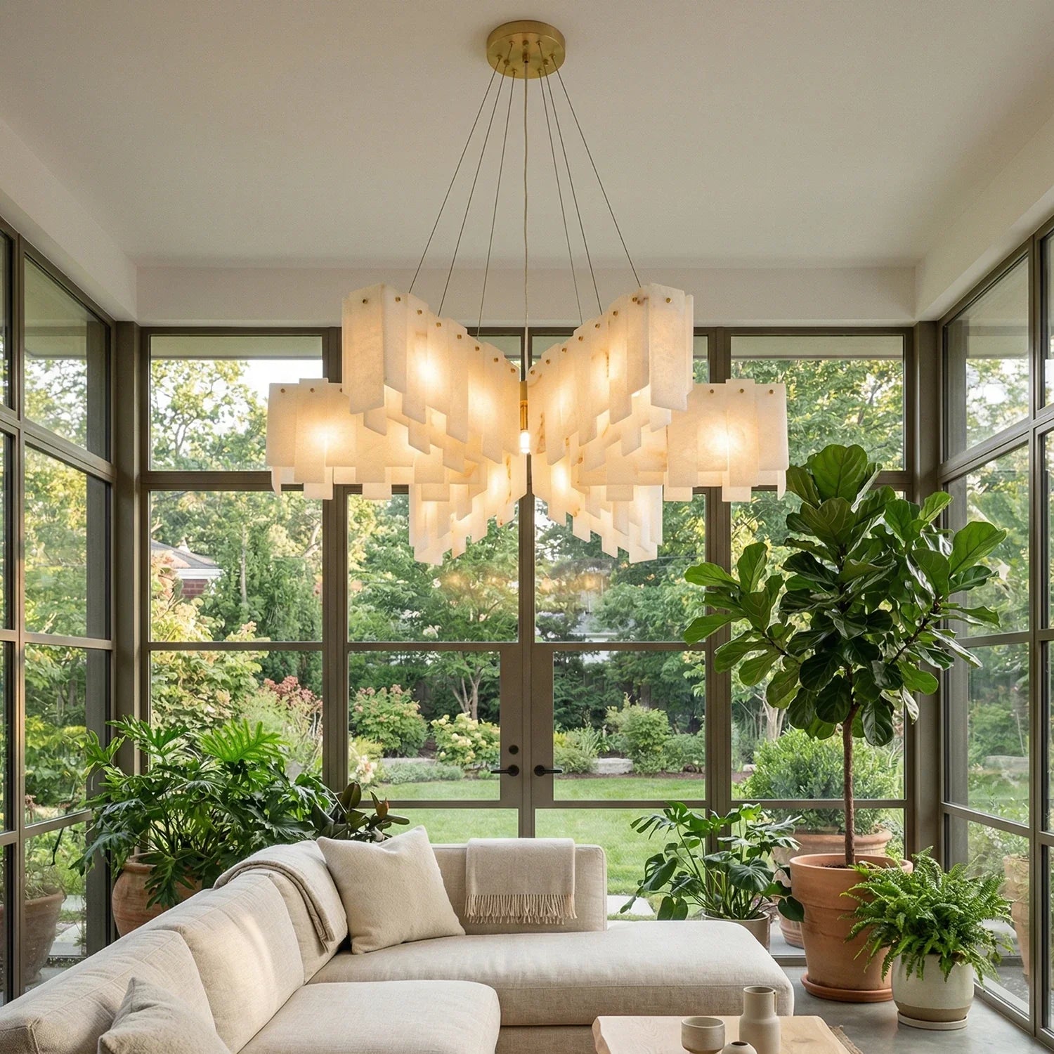 Cascade Alabaster Tiered Brass Chandelier