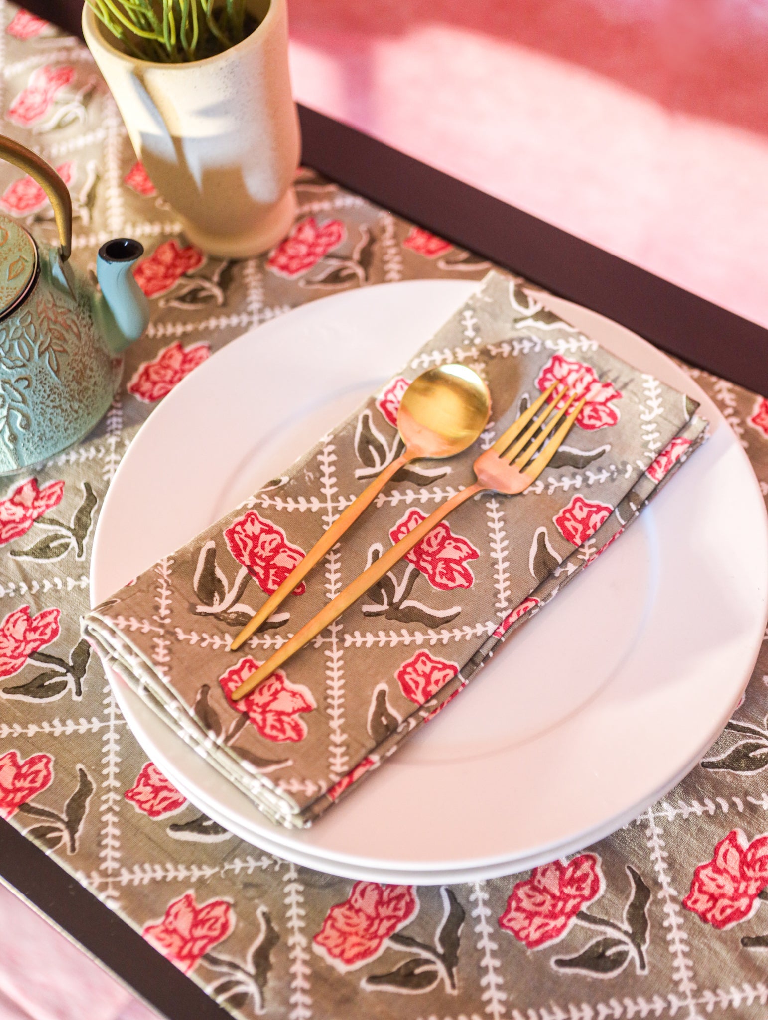Noor Table Napkin - Olive & Pink Set of 2